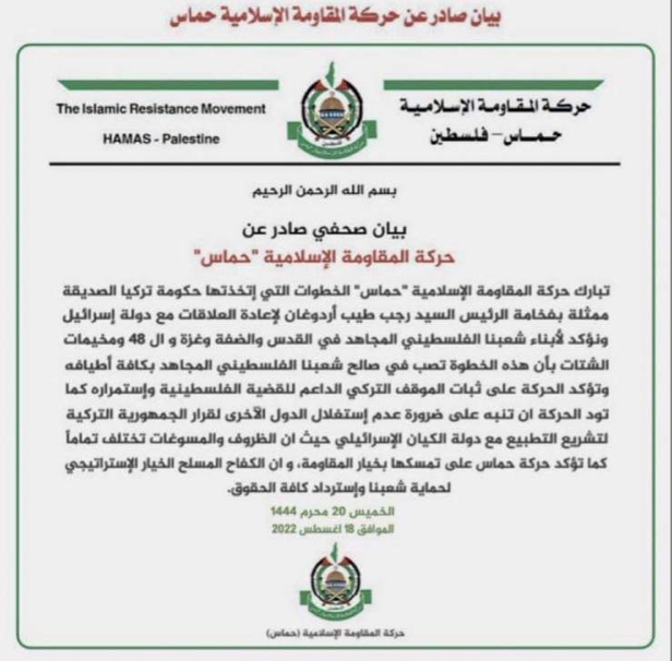 هل هنأت حماس الرئيس التركي بمناسبة إعادة علاقات بلاده مع الاحتلال؟