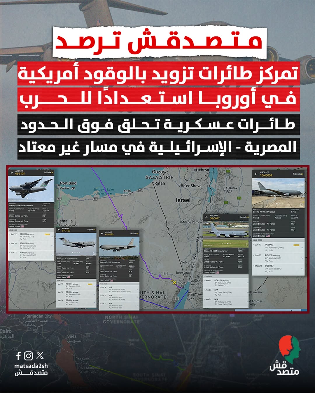 متصدقش ترصد تمركز طائرات تزويد بالوقود أمريكية في أوروبا استعدادًا للحرب طائرات عسكرية تحلق فوق الحدود المصرية - الإسرائيلية في مسار غير معتاد